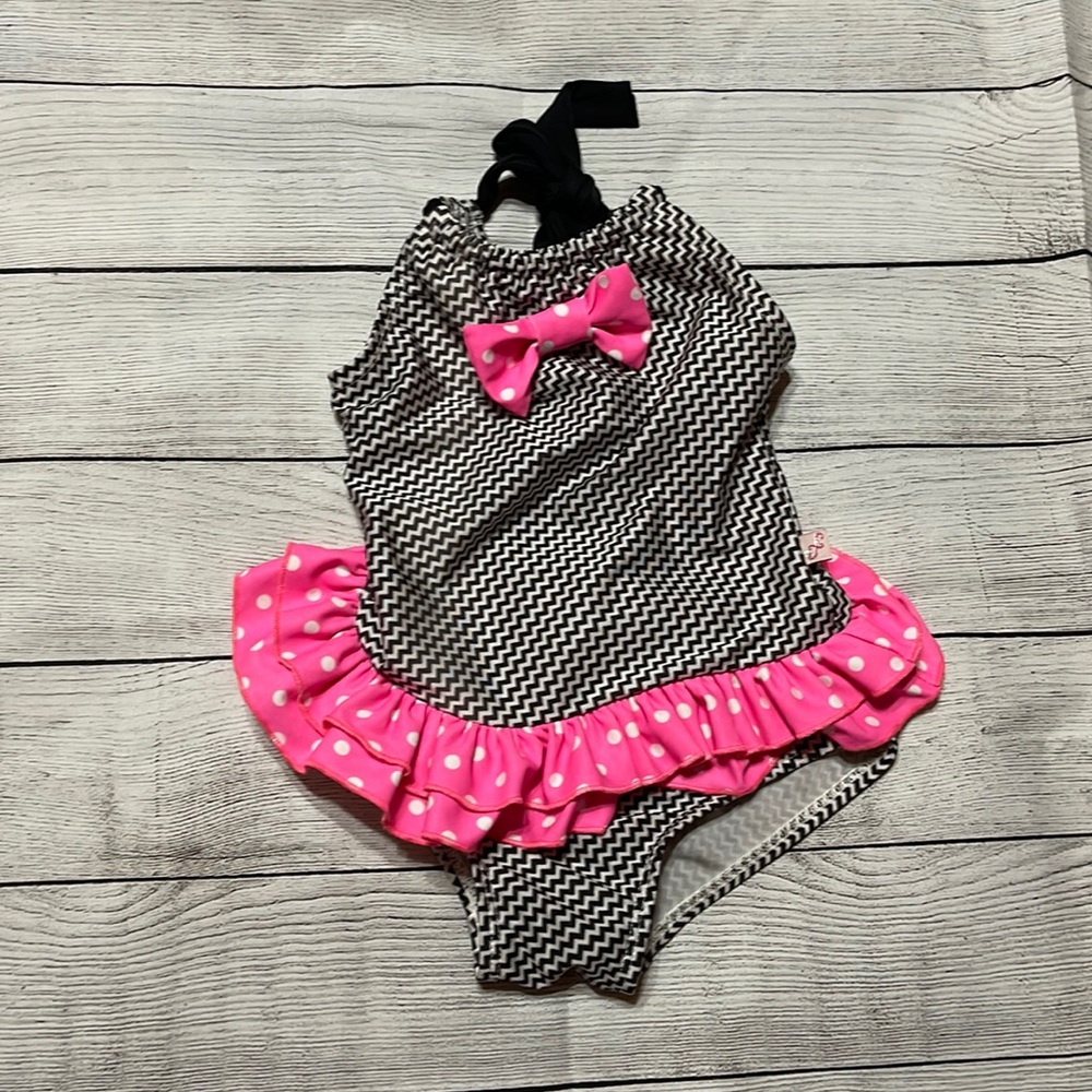 Floatimini Black & White Chevron Back Neck Tie One-Piece Swim Suit size 4T
